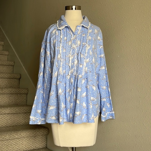 GUC Lanz of Salzburg Sz S Winter Snow Doves Flannel PJ Top ONLY - Picture 1 of 14